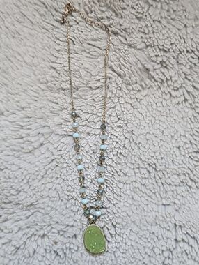 Boho Gold Tone Beaded Necklace with Green Druzy Faux Stone Pendant